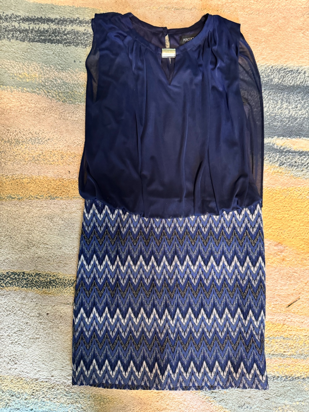Perceptions Navy Sleeveless Midi Dress with Chevron Skirt